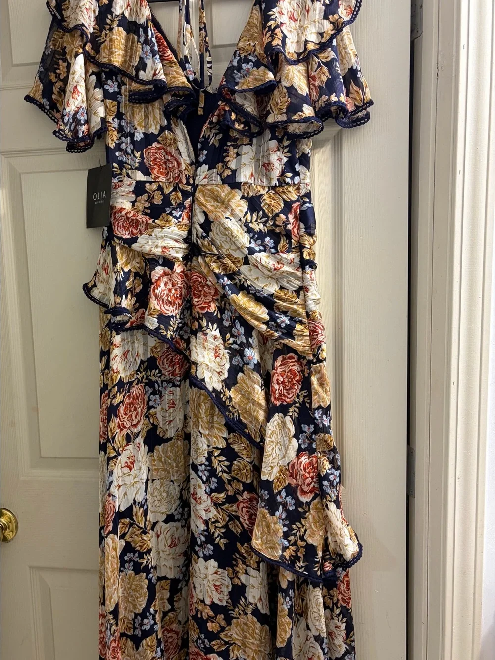 Floral Ruffle Midi Dress - Navy with Cream & Rose Accents